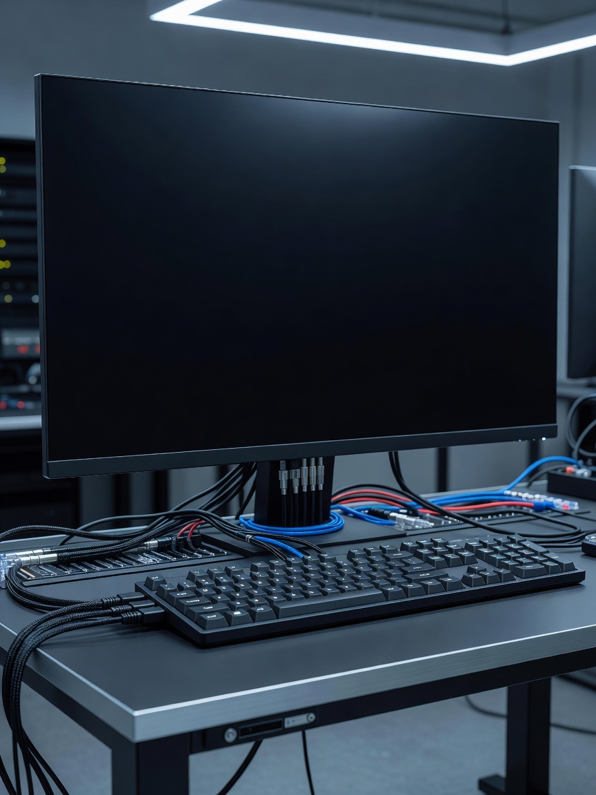 Technical workstation with a blank dark display, keyboard and neatly arranged connection cables