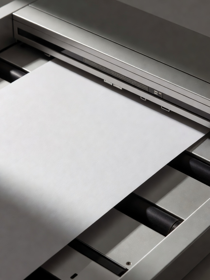 Close-up of a document scanner mechanism and unprinted paper under directional light