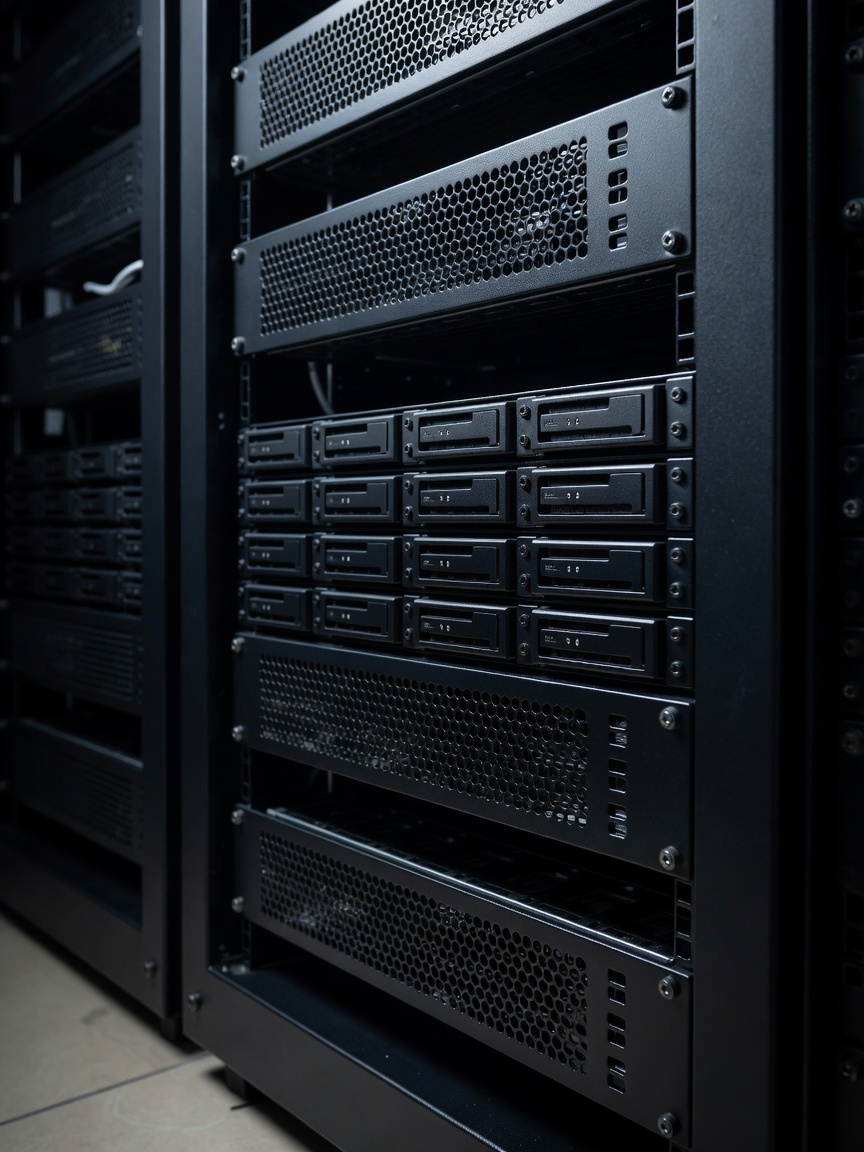 Dark data storage equipment with sharply focused drive bays and metal ventilation panels