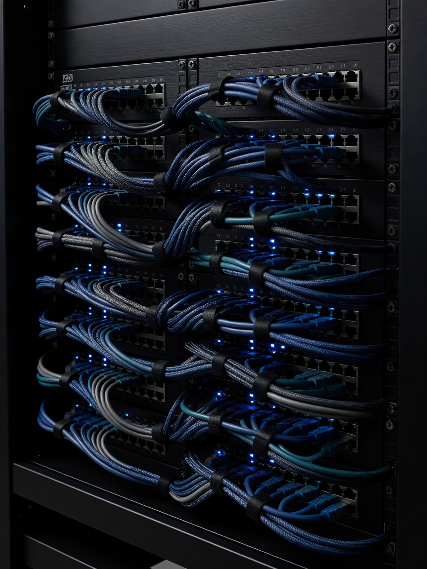 Closely arranged network connections and labelled cable ports on dark technical equipment